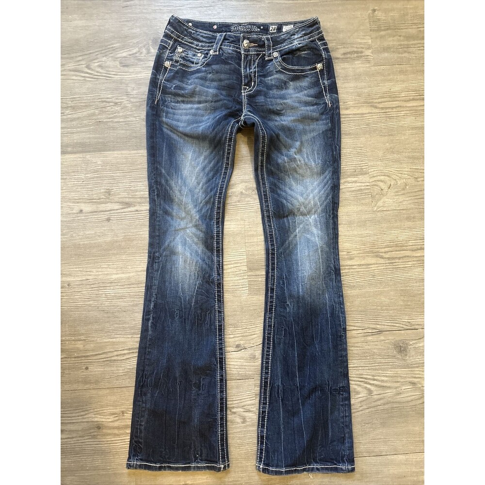 MISS ME SIGNATURE BOOT size 28 DARK WASH STUD CROSS POCKETS JEANS JP5998B Womens